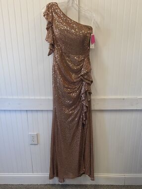 VIP Design Cocoa Brown Micro Sequin Evening One-Shoulder Maxi Gown Dress Size 8
